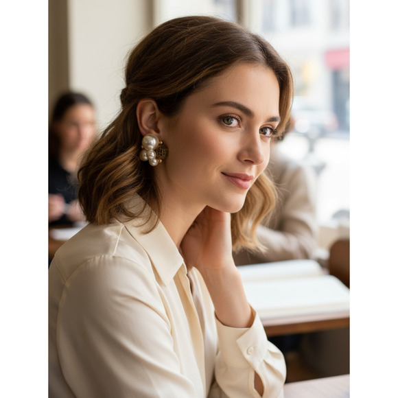 Vintage 1960's Faux Pearl Gold Tone Mesh Beaded Cluster Earrings Clip On Couture - Picture 2 of 6